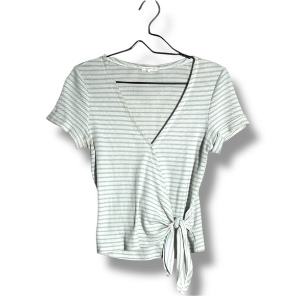 Copper Key V-Neck Short Sleeve Rib Knit Front Tie Green and White Striped Top - Picture 14 of 16